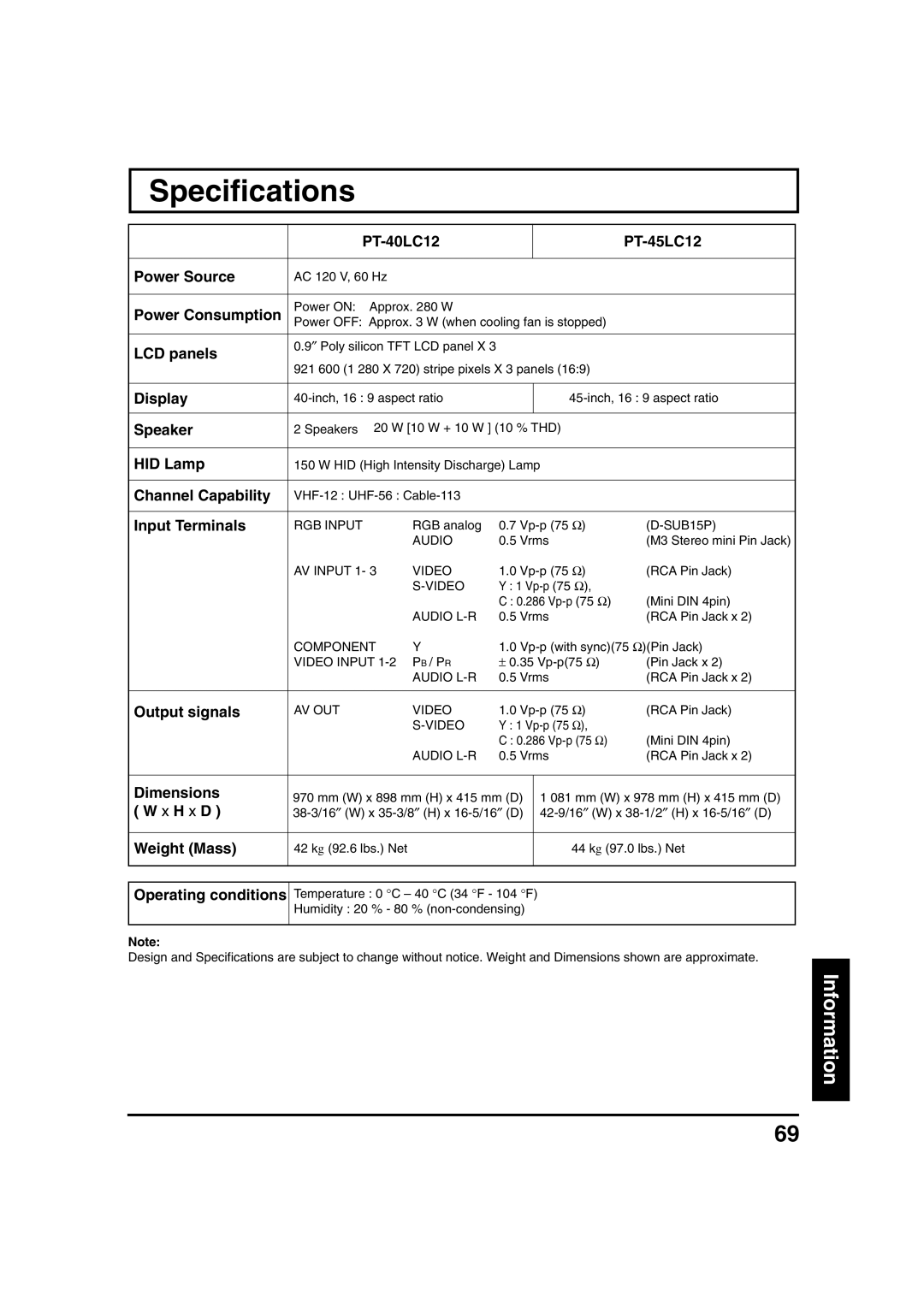 Panasonic PT 40LC12, PT 45LC12 manual Specifications 