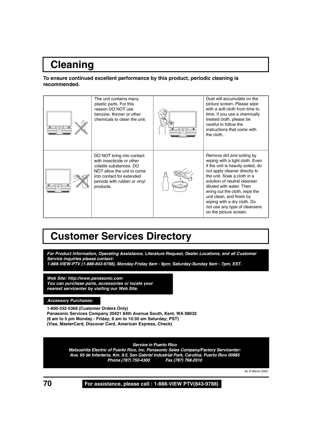 Panasonic PT 45LC12, PT 40LC12 manual Cleaning, Customer Services Directory 