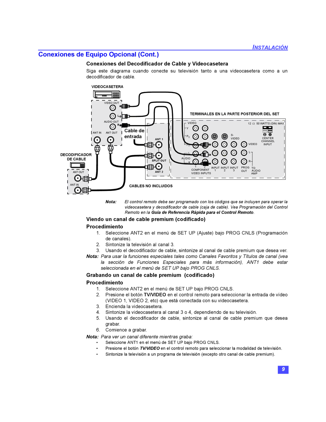 Panasonic PT-47WX49, PT-56WX51, PT-47WX51, PT-65WX51, PT 56WX51 Conexiones del Decodificador de Cable y Videocasetera 