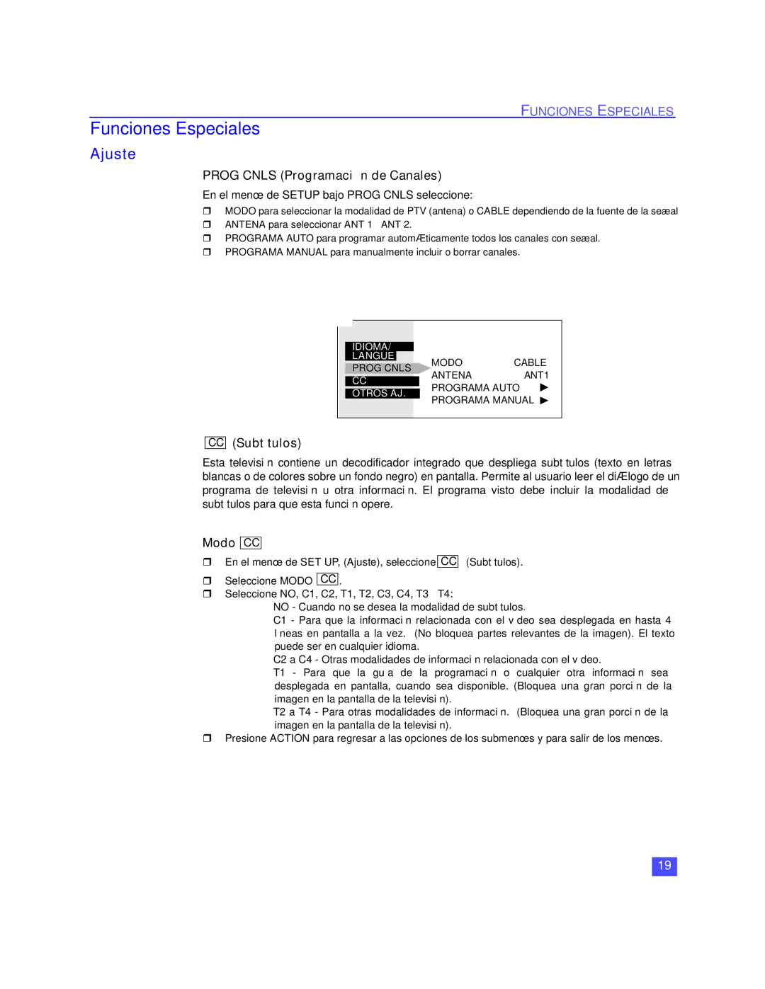 Panasonic PT-47WX49, PT-56WX51, PT-47WX51, PT-65WX51 Funciones Especiales, Ajuste, Prog Cnls Programación de Canales 