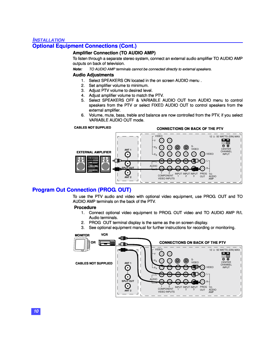 Panasonic PT-47WX49 Optional Equipment Connections Cont, Program Out Connection PROG. OUT, Installation, Audio Adjustments 