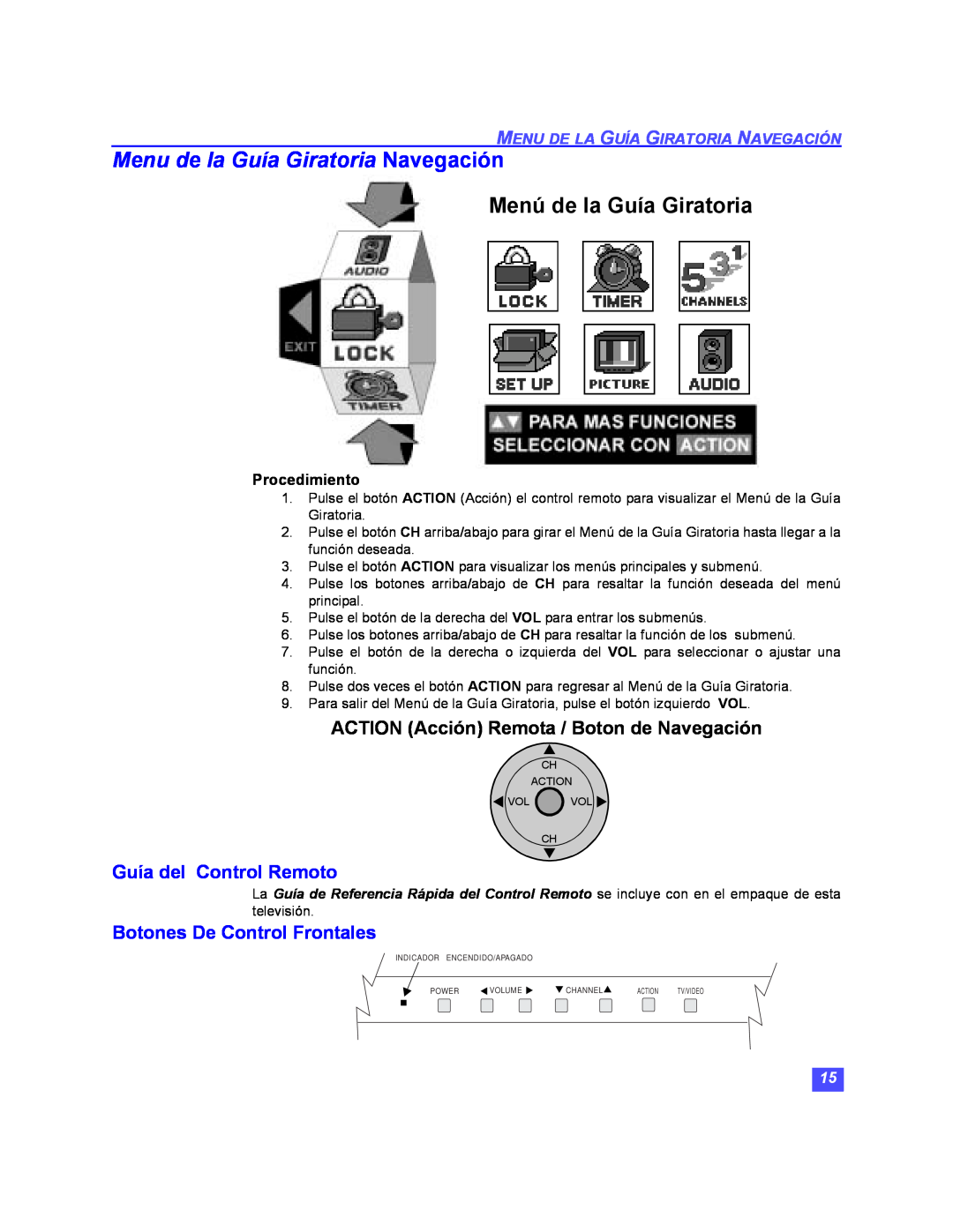 Panasonic PT-47WX51 Menu de la Guía Giratoria Navegación, ACTION Acción Remota / Boton de Navegación, Procedimiento 