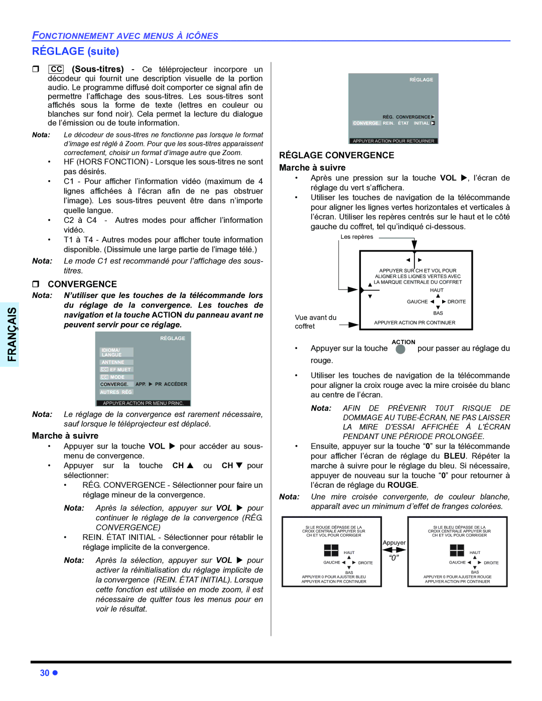 Panasonic PT-47WX34 Réglage suite, ˆ Convergence, Réglage Convergence, Gauche du coffret, tel qu’indiqué ci-dessous 