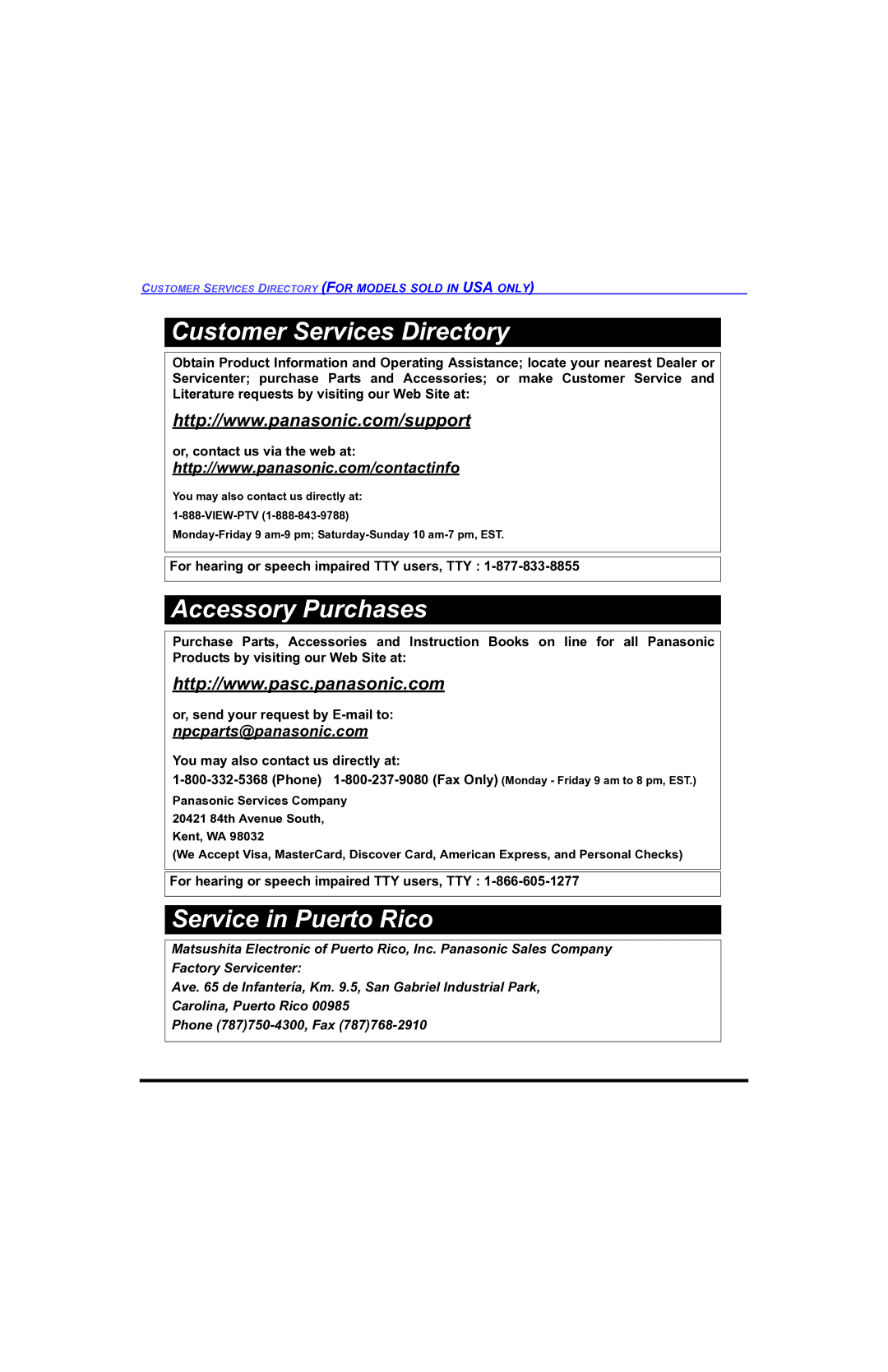 Panasonic PT-47WX34, PT-47WX54, PT-53WX54 manuel dutilisation Customer Services Directory 