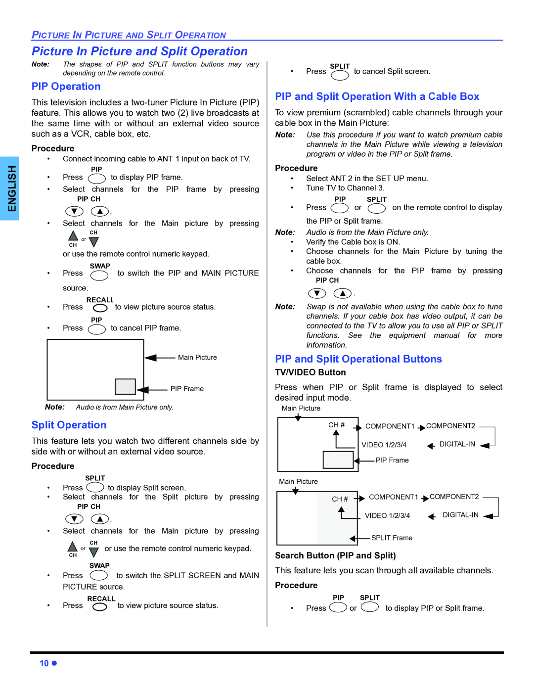 Panasonic PT-47WX54 Picture In Picture and Split Operation, PIP Operation, PIP and Split Operation With a Cable Box 