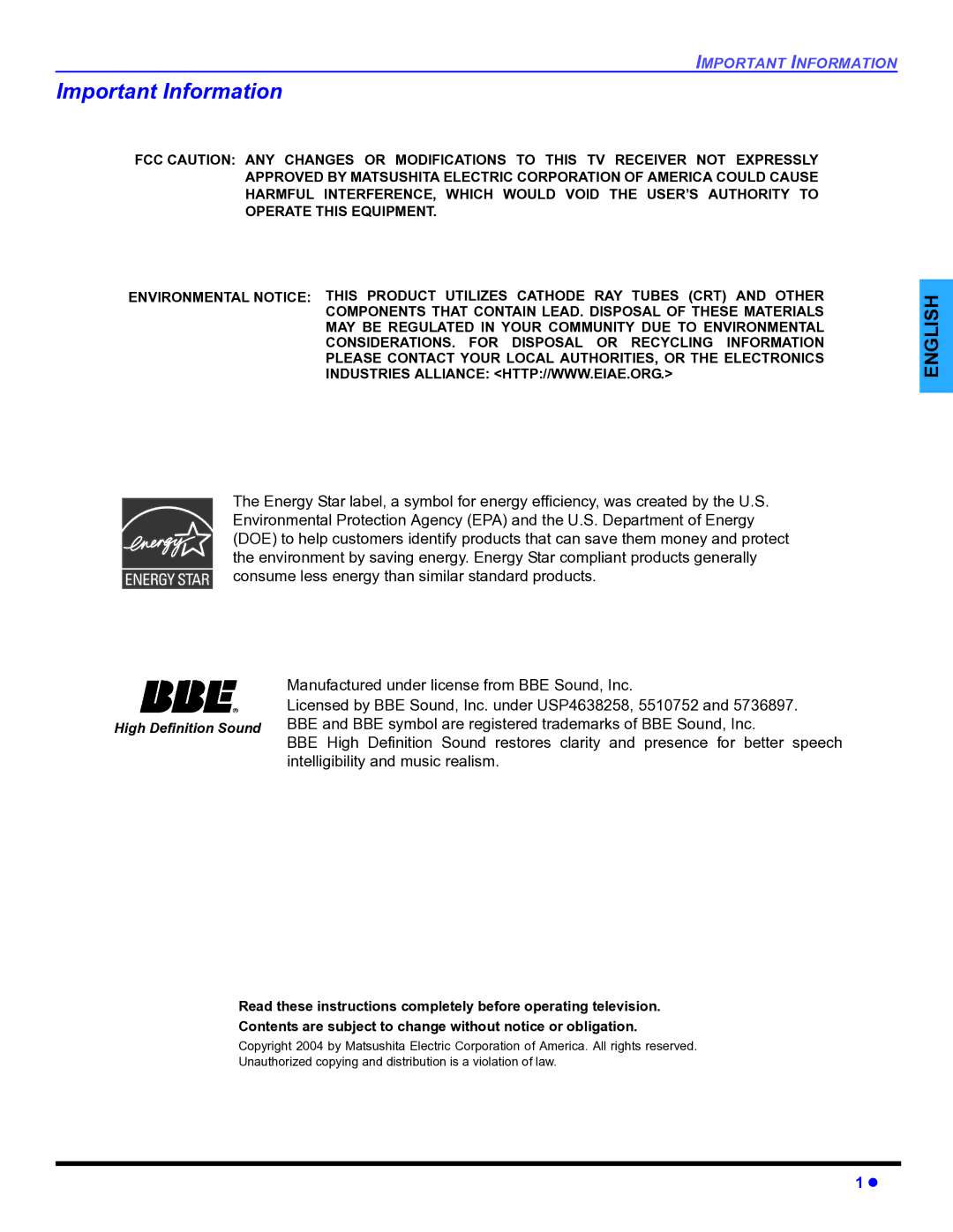 Panasonic PT-47WX54, PT-47WX34, PT-53WX54 manuel dutilisation Important Information 