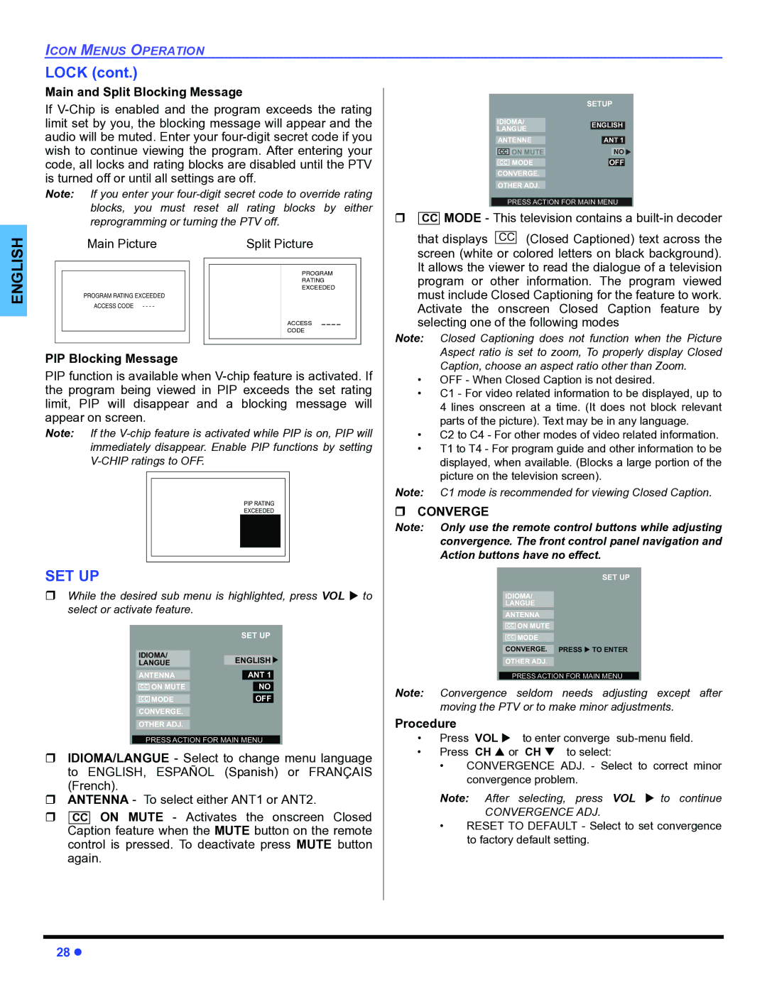 Panasonic PT-47WX54, PT-47WX34, PT-53WX54 Set Up, Main and Split Blocking Message, PIP Blocking Message, ˆ Converge 