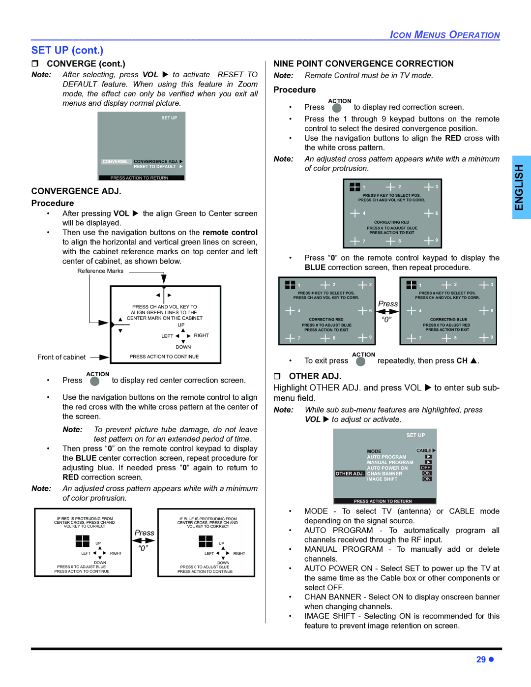 Panasonic PT-47WX34, PT-47WX54, PT-53WX54 Set Up, ˆ Converge, Convergence ADJ, Nine Point Convergence Correction 