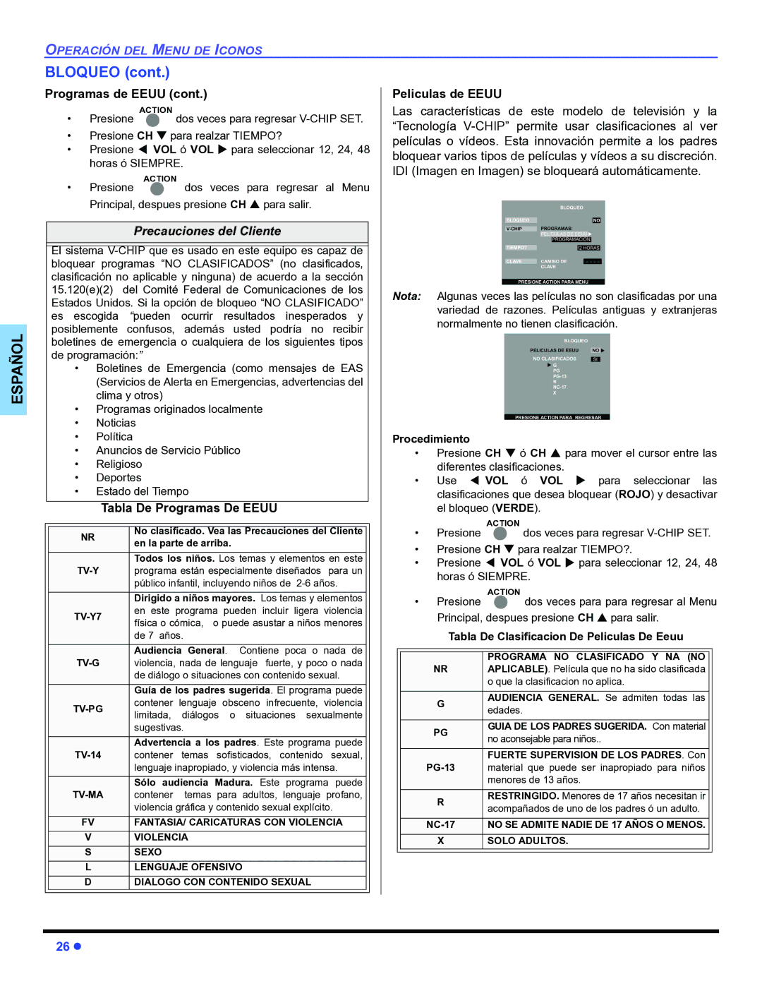 Panasonic PT-53WX54, PT-47WX54, PT-47WX34 manuel dutilisation Bloqueo, Tabla De Programas De Eeuu, Peliculas de Eeuu 