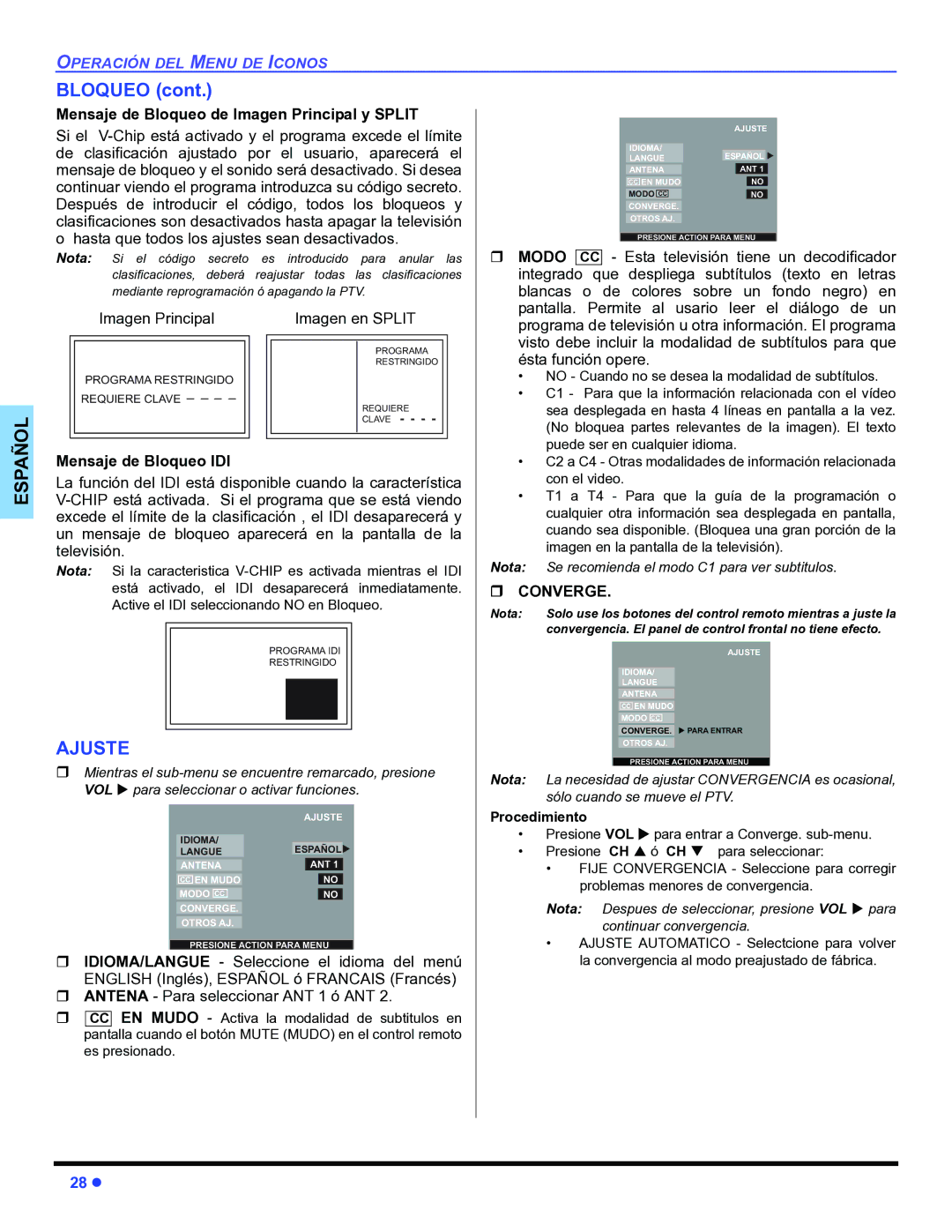 Panasonic PT-47WX34, PT-47WX54 Ajuste, Mensaje de Bloqueo de Imagen Principal y Split, Imagen Principal Imagen en Split 