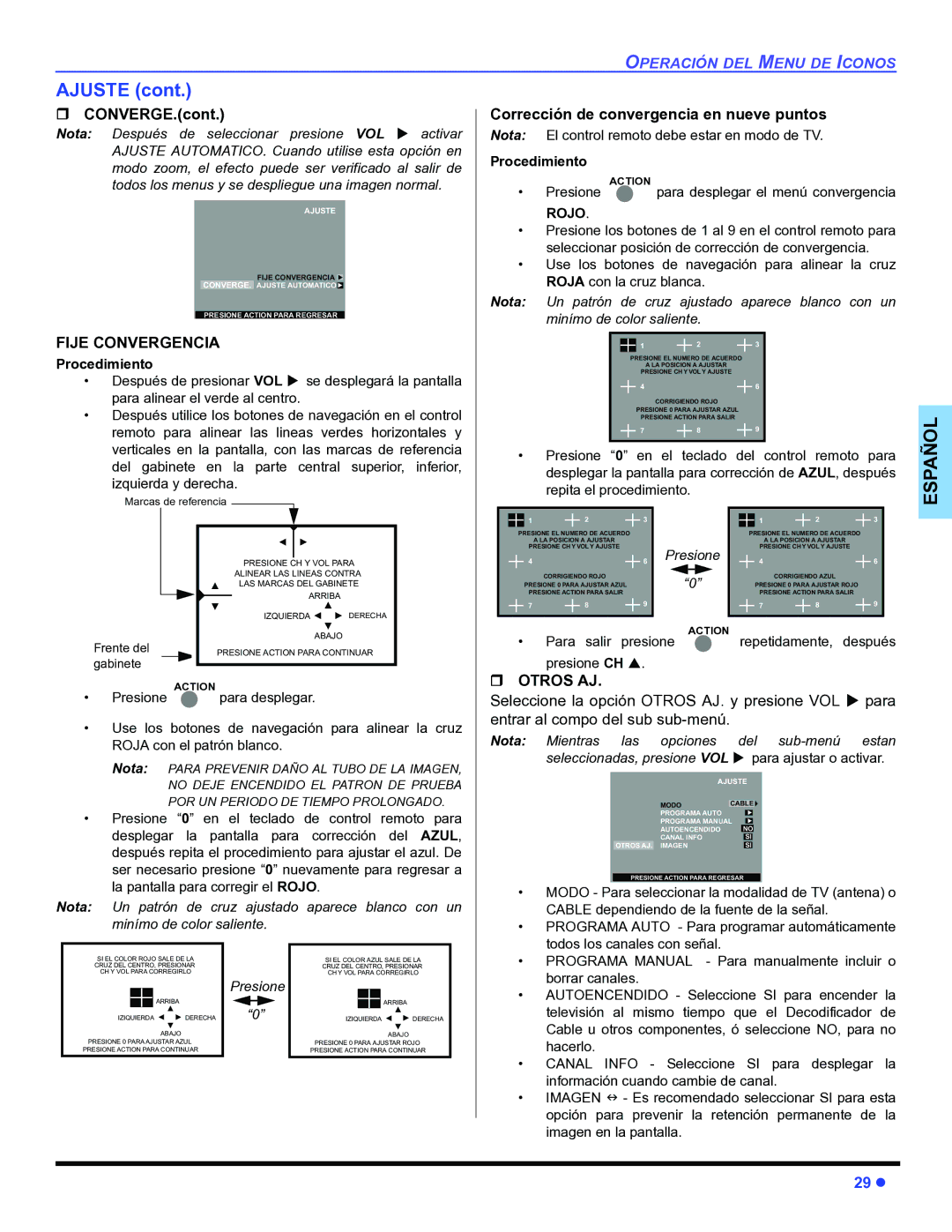 Panasonic PT-53WX54, PT-47WX54 Ajuste, ˆ CONVERGE.cont, Fije Convergencia, Corrección de convergencia en nueve puntos 