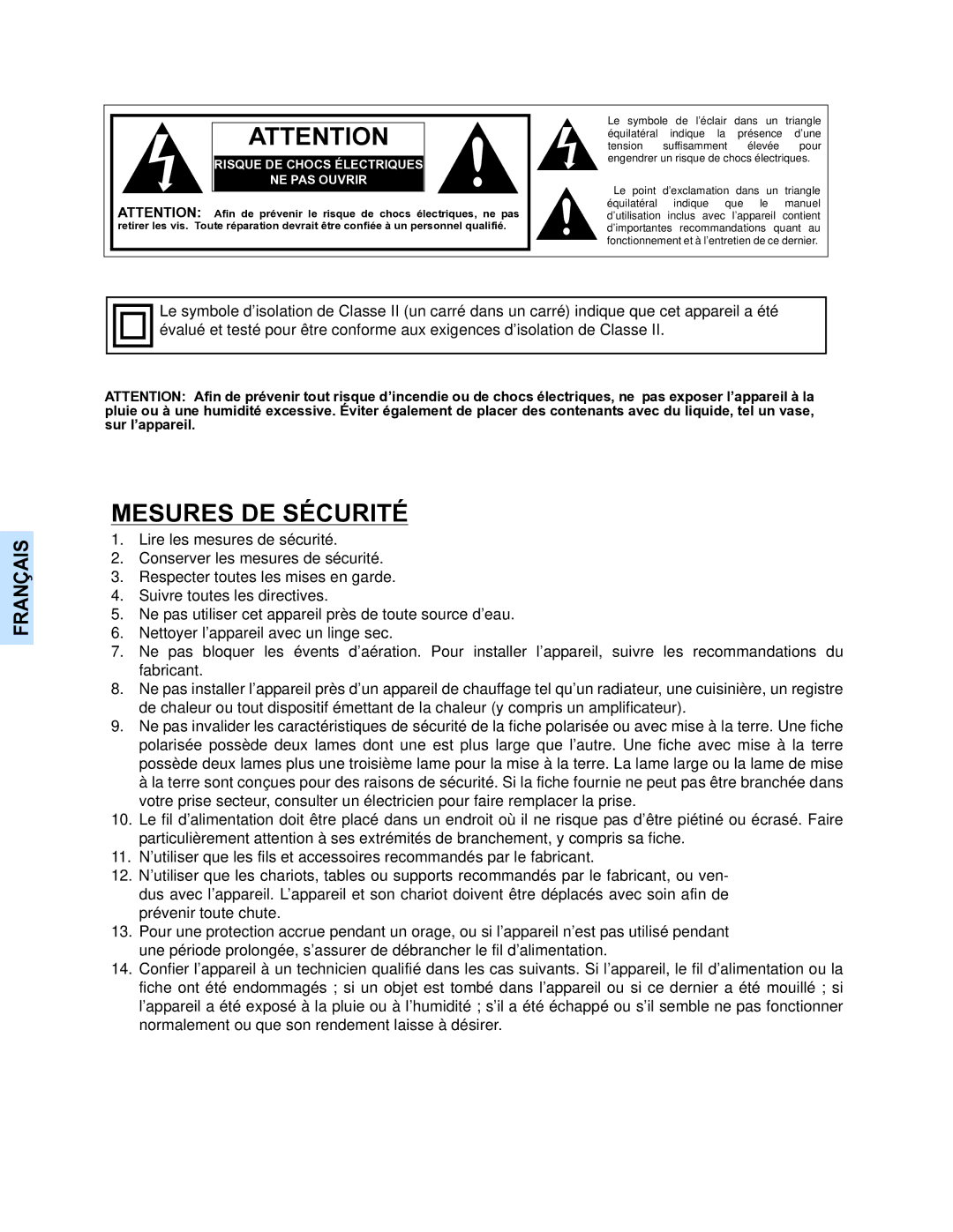 Panasonic PT-47WX34, PT-47WX54, PT-53WX54 manuel dutilisation Mesures DE Sécurité 