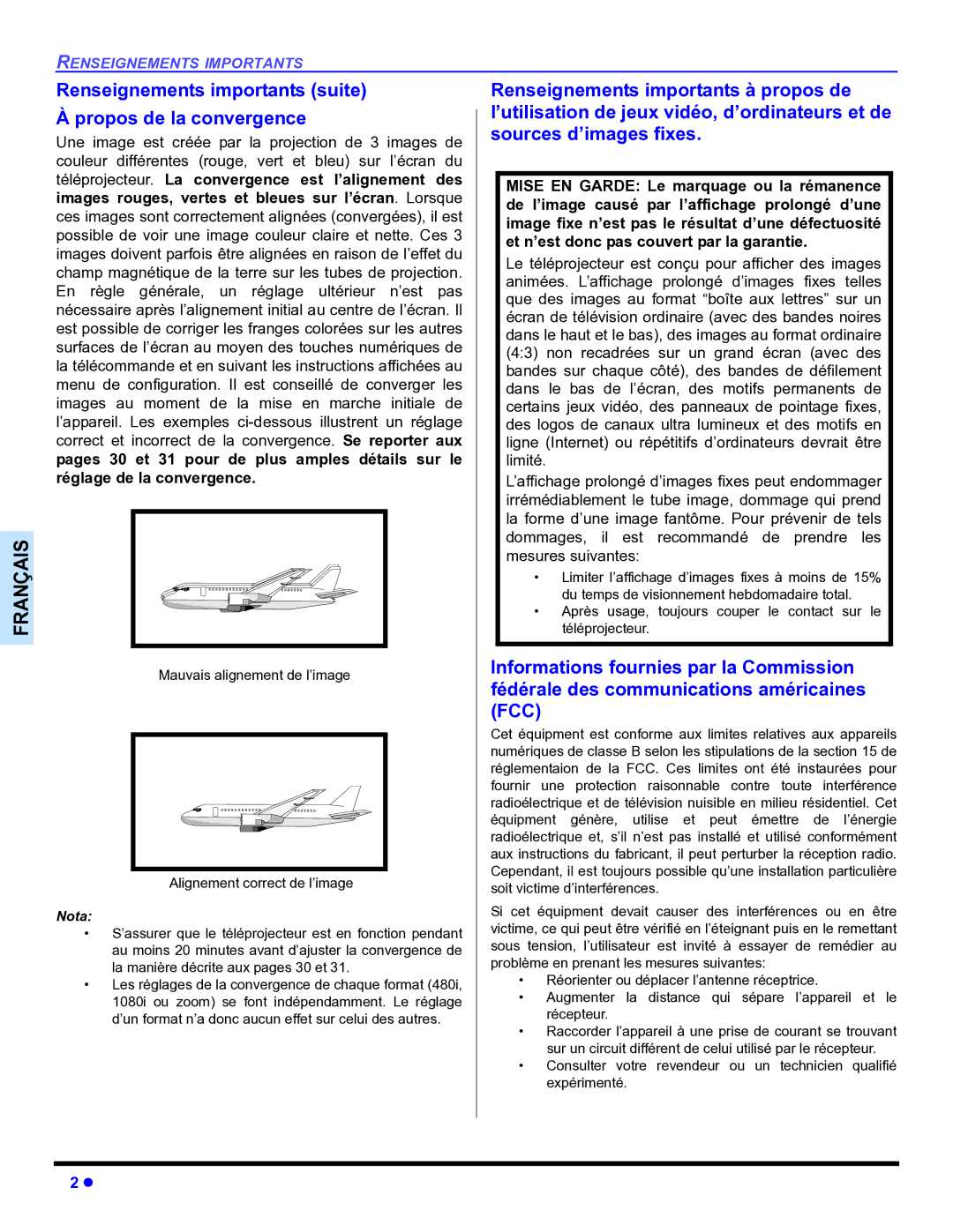 Panasonic PT-47WX54, PT-47WX34, PT-53WX54 manuel dutilisation Renseignements importants suite À propos de la convergence 