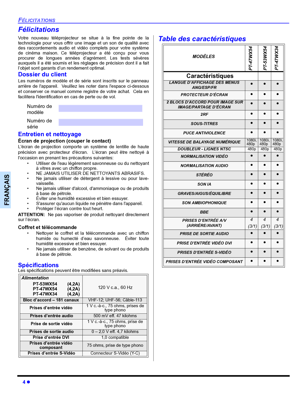 Panasonic PT-53WX54 Félicitations, Table des caractéristiques, Dossier du client, Entretien et nettoyage, Spécifications 