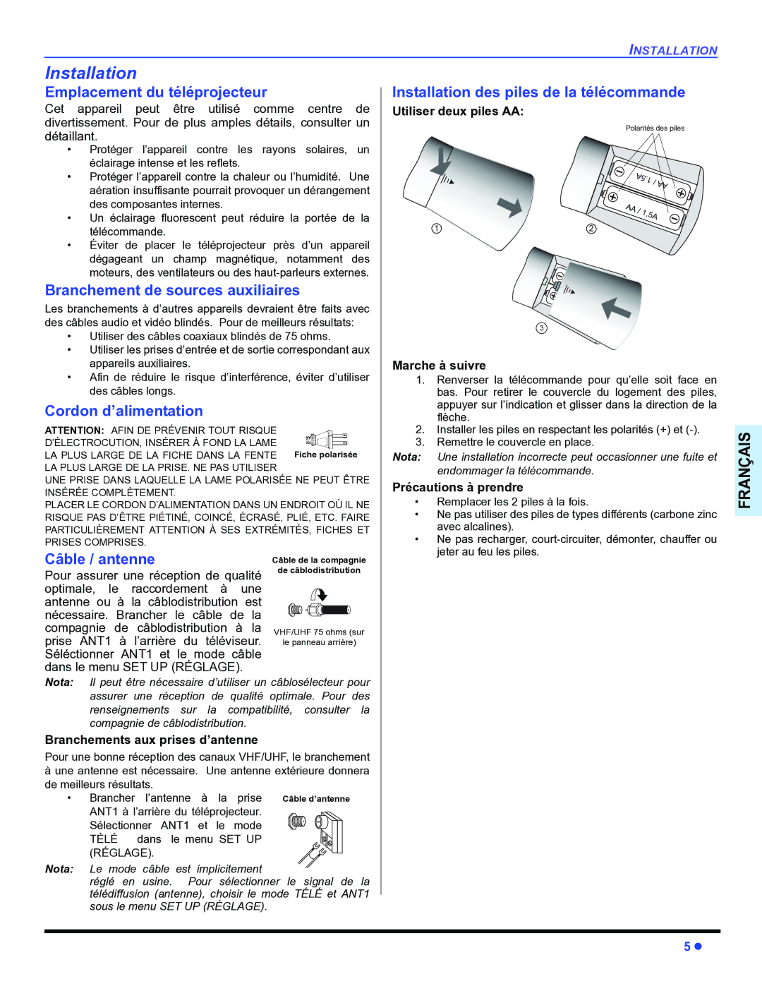 Panasonic PT-47WX54, PT-47WX34 Emplacement du téléprojecteur, Branchement de sources auxiliaires, Cordon d’alimentation 