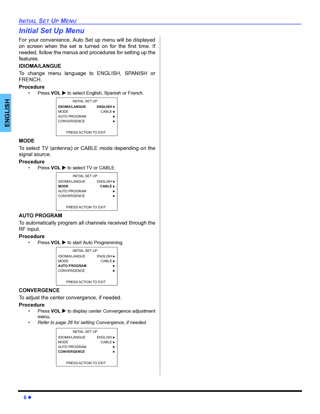 Panasonic PT-53WX54, PT-47WX54, PT-47WX34 Initial Set Up Menu, Idioma/Langue, Mode, Auto Program, Convergence 