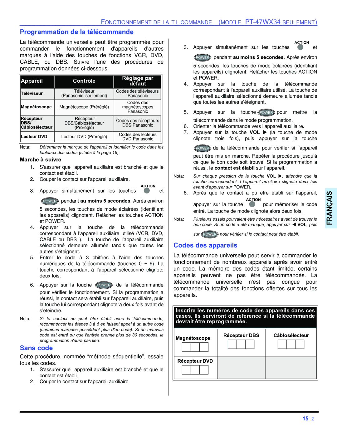 Panasonic PT-47WX34, PT-47WX54, PT-53WX54 Programmation de la télécommande, Sans code, Codes des appareils 