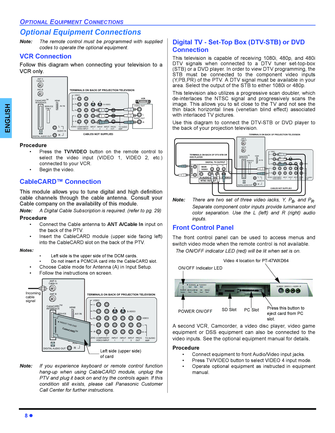 Panasonic PT 47WXD64 Optional Equipment Connections, VCR Connection, Digital TV Set-Top Box DTV-STB or DVD Connection 