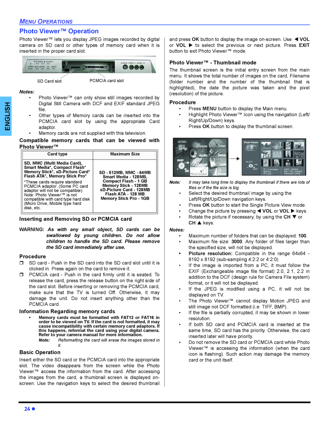 Panasonic PT 47WXD64 Photo Viewer Operation, Inserting and Removing SD or Pcmcia card Procedure, Basic Operation 