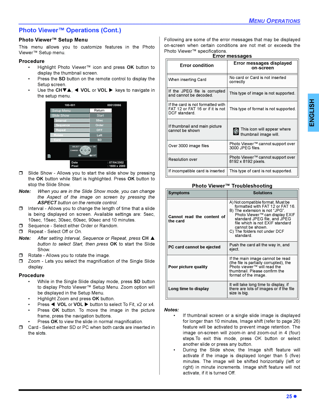 Panasonic PT 47WXD64 Photo Viewer Operations, Photo Viewer Setup Menu, Error messages, Photo Viewer Troubleshooting 