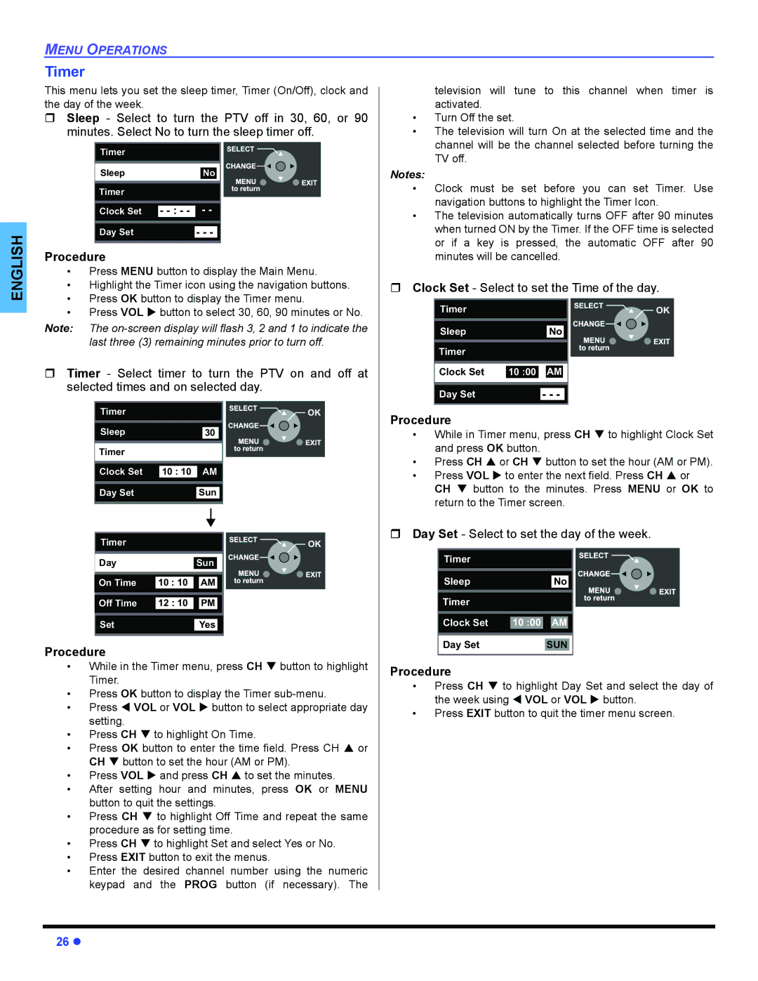 Panasonic PT 47WXD64 operating instructions While in Timer menu, press CH to highlight Clock Set, Press OK button 