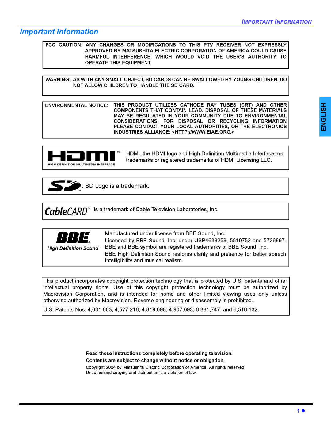 Panasonic PT 47WXD64 operating instructions Important Information, SD Logo is a trademark 