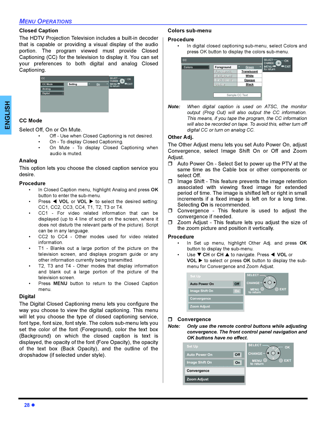 Panasonic PT 47WXD64 Closed Caption, CC Mode, Analog, Digital, Colors sub-menu Procedure, Other Adj, ˆ Convergence 