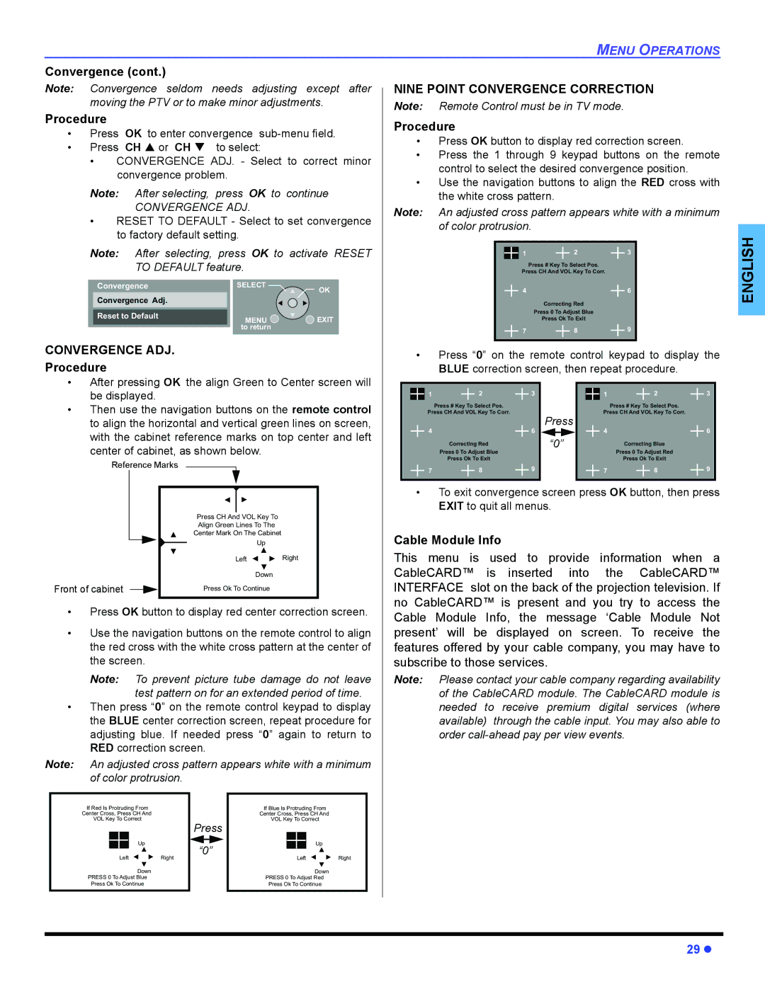 Panasonic PT 47WXD64 Convergence Procedure, Cable Module Info, Press OK to enter convergence sub-menu field Press CH or CH 