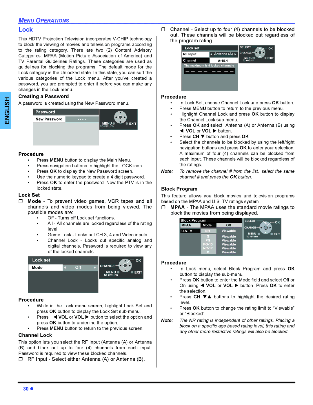 Panasonic PT 47WXD64 operating instructions Creating a Password, Lock Set, Channel Lock, Block Program 