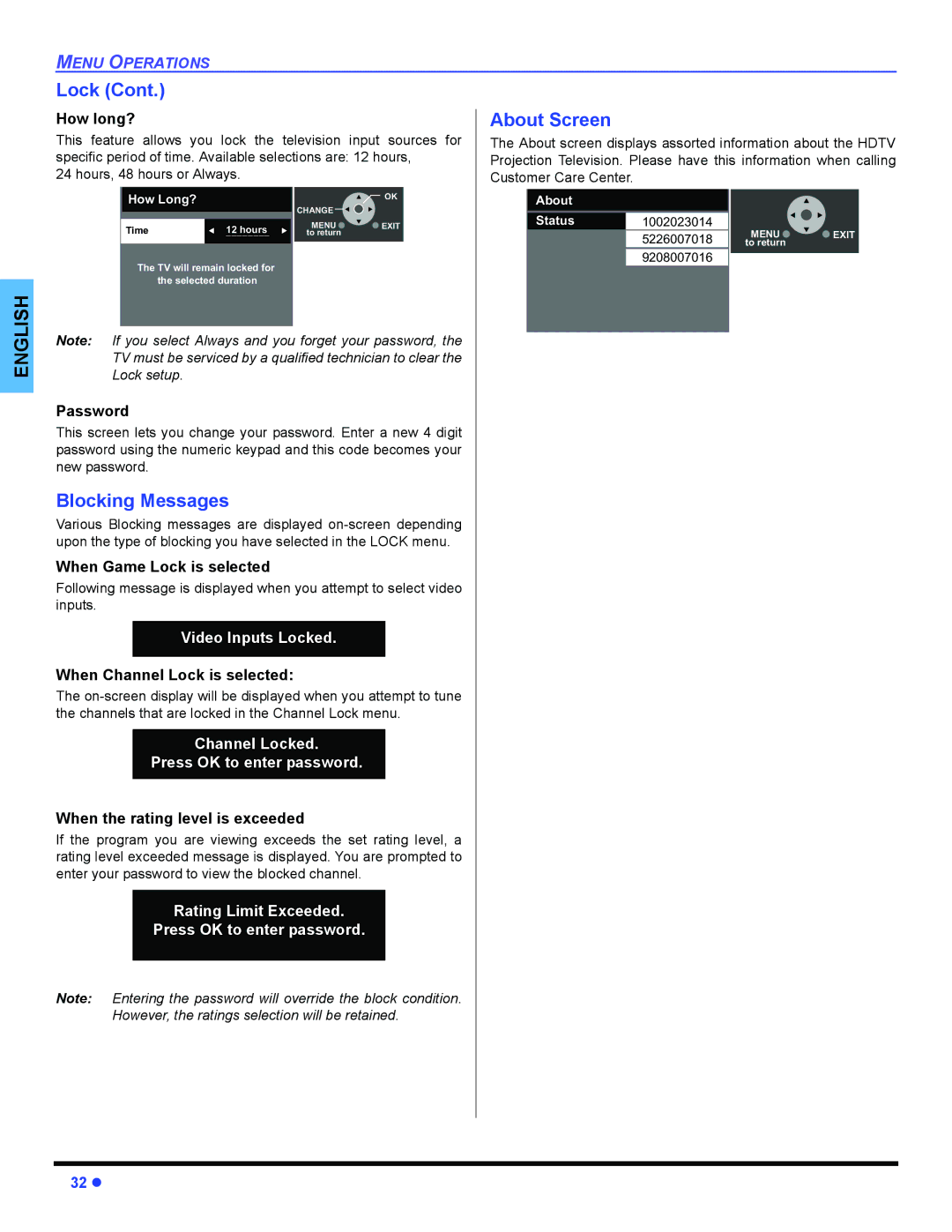 Panasonic PT 47WXD64 operating instructions Blocking Messages, About Screen 