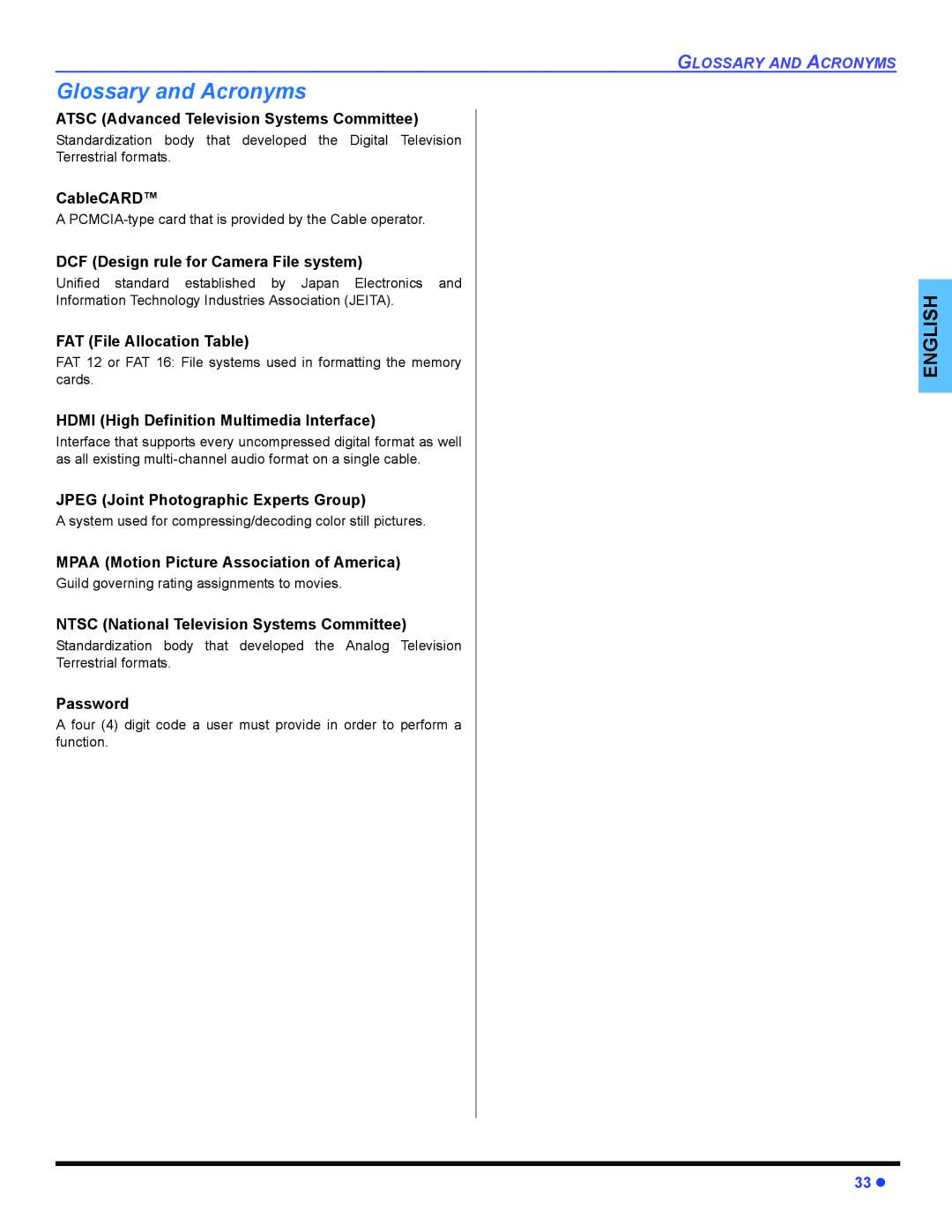 Panasonic PT 47WXD64 operating instructions Glossary and Acronyms 