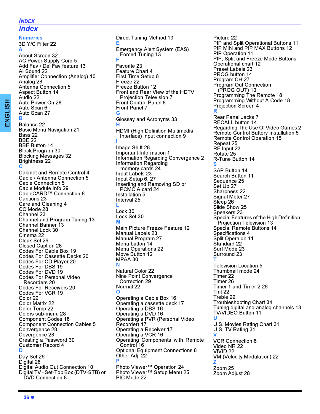 Panasonic PT 47WXD64 operating instructions Index, Numerics 