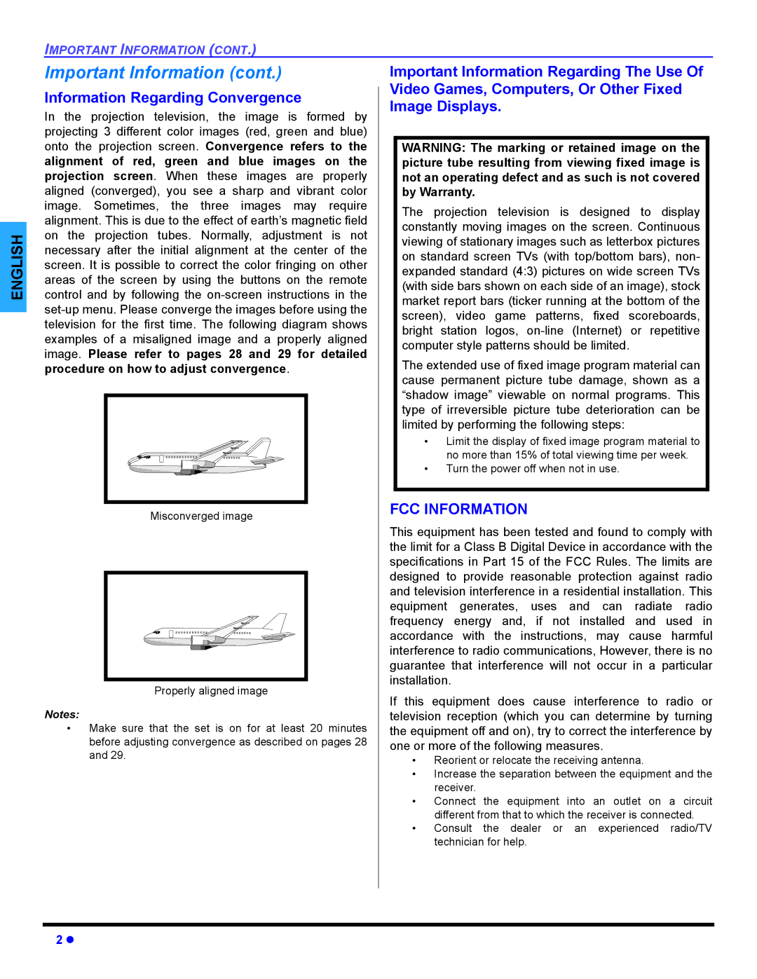 Panasonic PT 47WXD64 operating instructions Information Regarding Convergence, FCC Information 