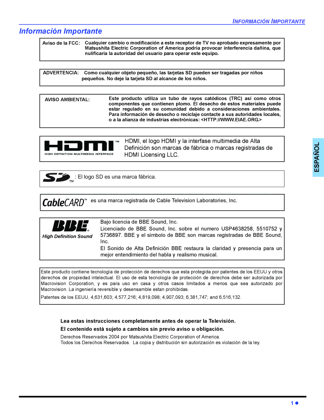 Panasonic PT 47WXD64 operating instructions Información Importante, Aviso Ambiental 