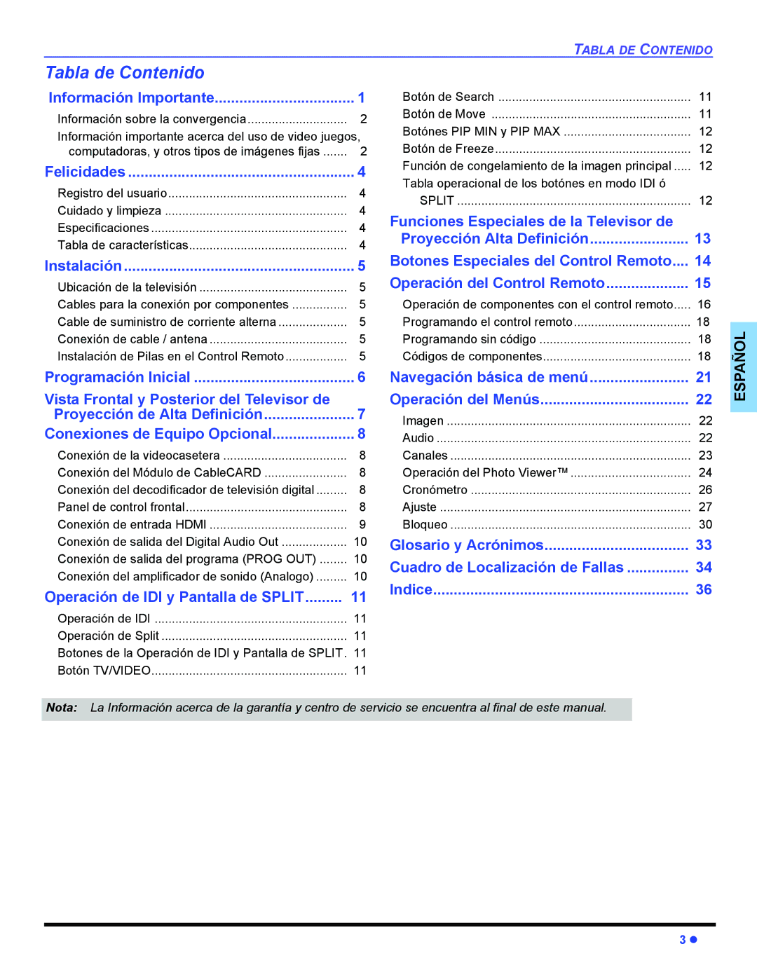 Panasonic PT 47WXD64 operating instructions Tabla de Contenido, Información Importante, Felicidades, Instalación 