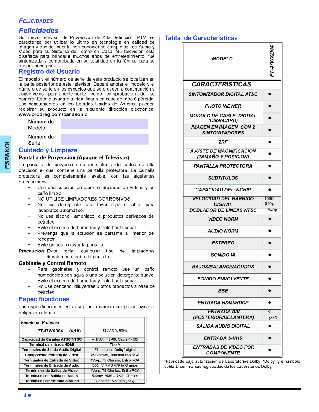 Panasonic PT 47WXD64 Felicidades, Registro del Usuario, Cuidado y Limpieza, Especificaciones, Tabla de Características 