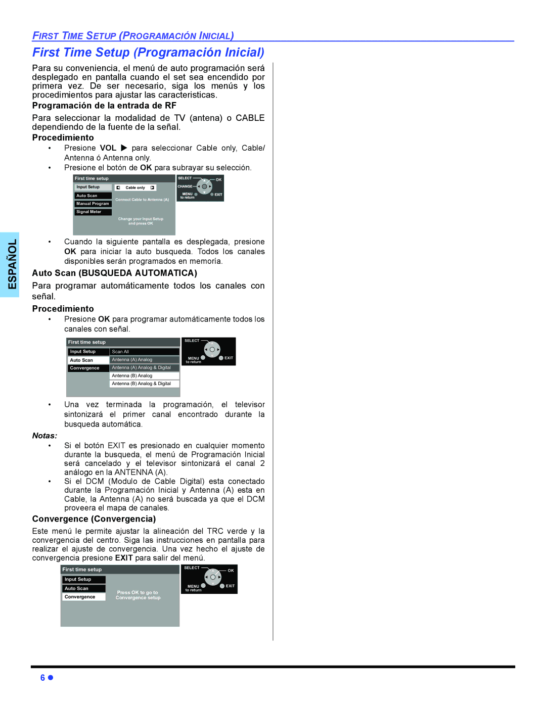 Panasonic PT 47WXD64 First Time Setup Programación Inicial, Programación de la entrada de RF, Convergence Convergencia 