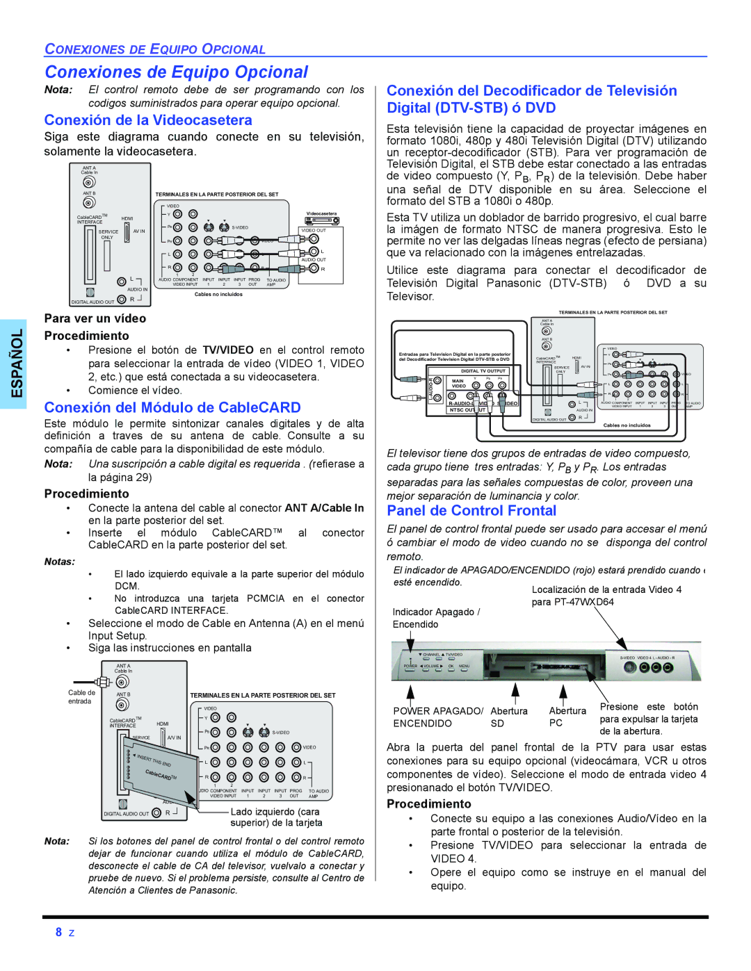 Panasonic PT 47WXD64 Conexiones de Equipo Opcional, Conexión de la Videocasetera, Conexión del Módulo de CableCARD 