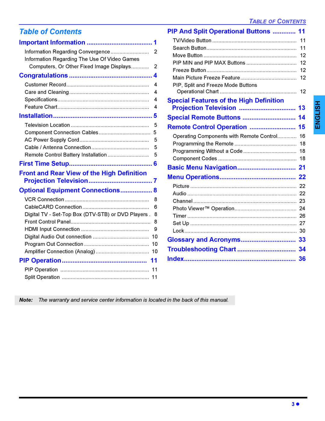 Panasonic PT 47WXD64 operating instructions Table of Contents 