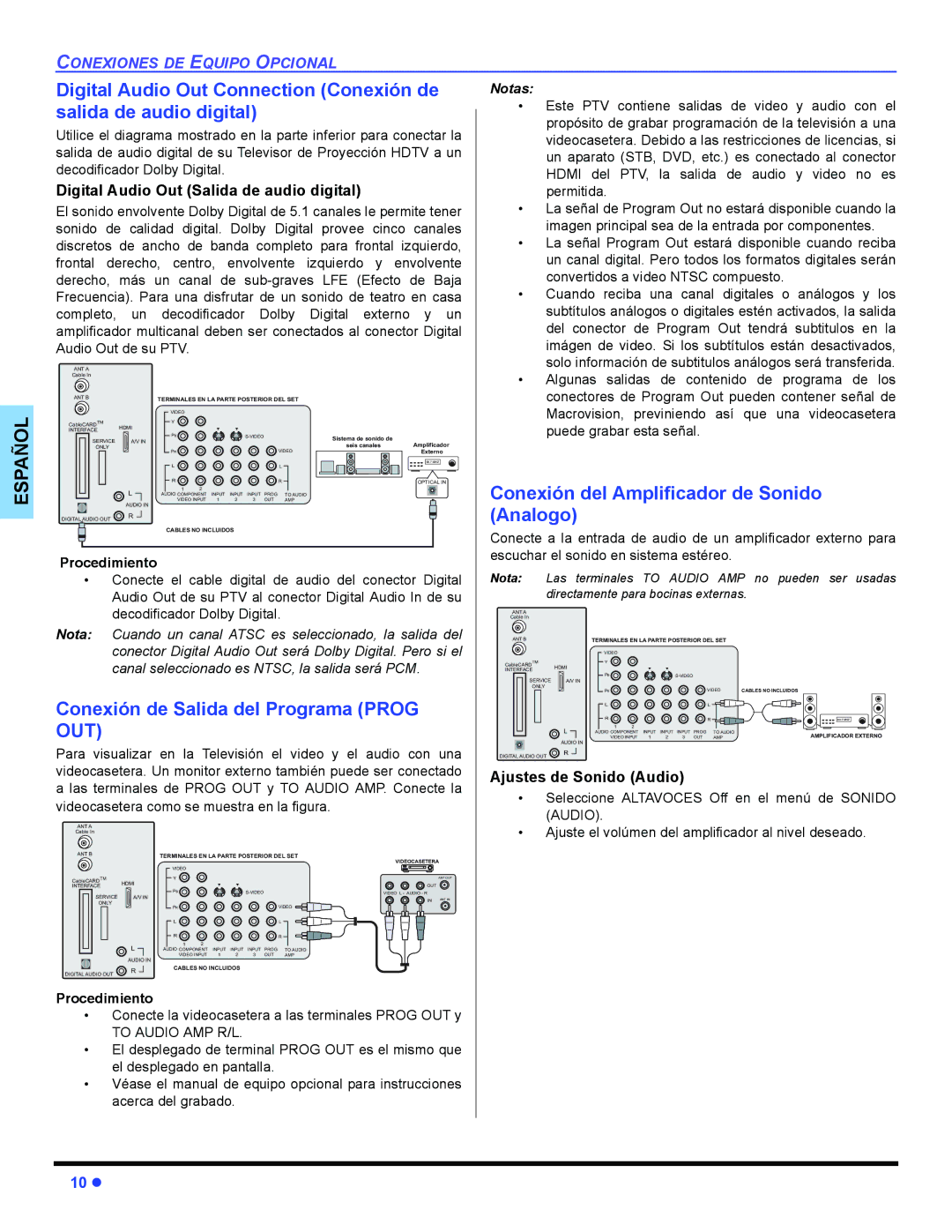 Panasonic PT 47WXD64 operating instructions Digital Audio Out Connection Conexión de, Salida de audio digital, Analogo 