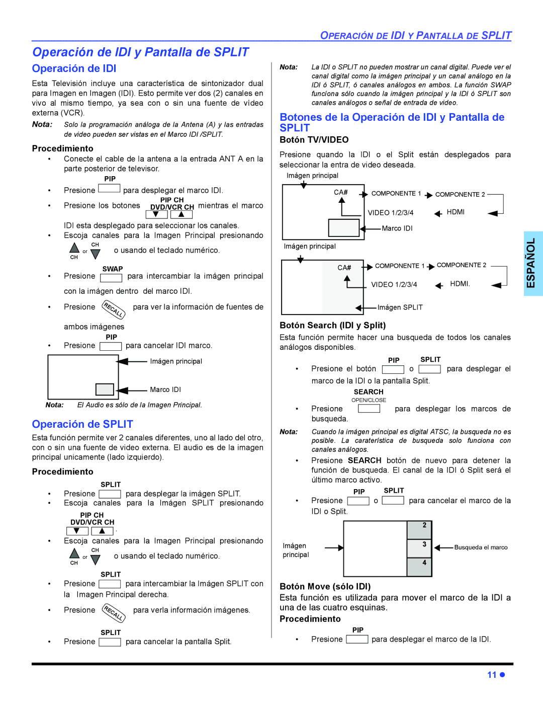 Panasonic PT 47WXD64 operating instructions Operación de IDI y Pantalla de Split, Operación de Split 