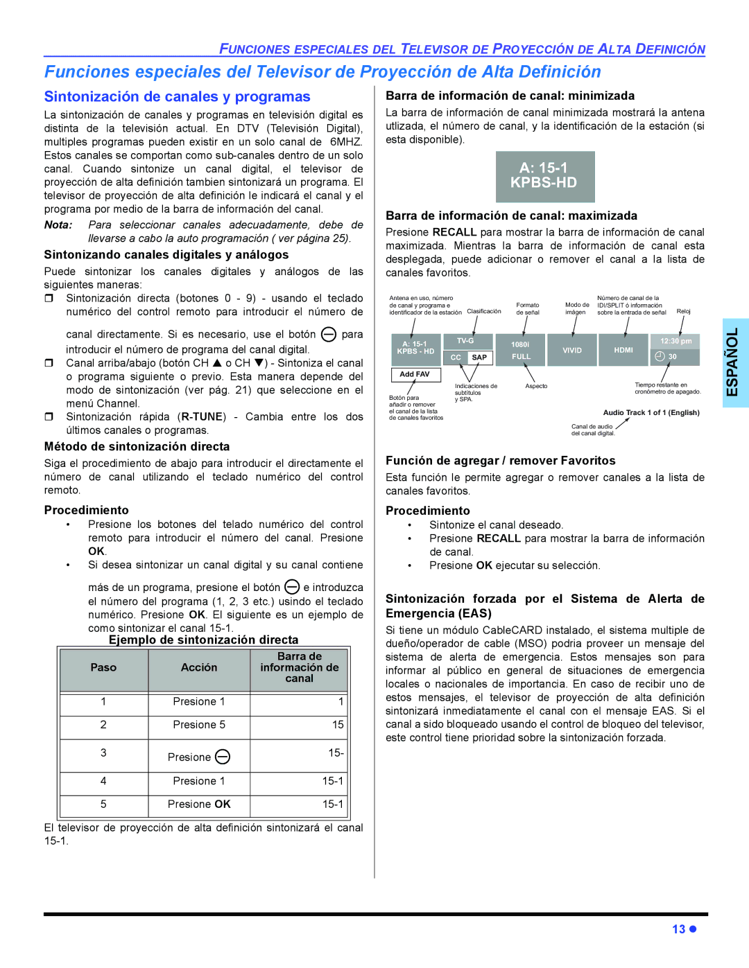 Panasonic PT 47WXD64 operating instructions Sintonización de canales y programas 