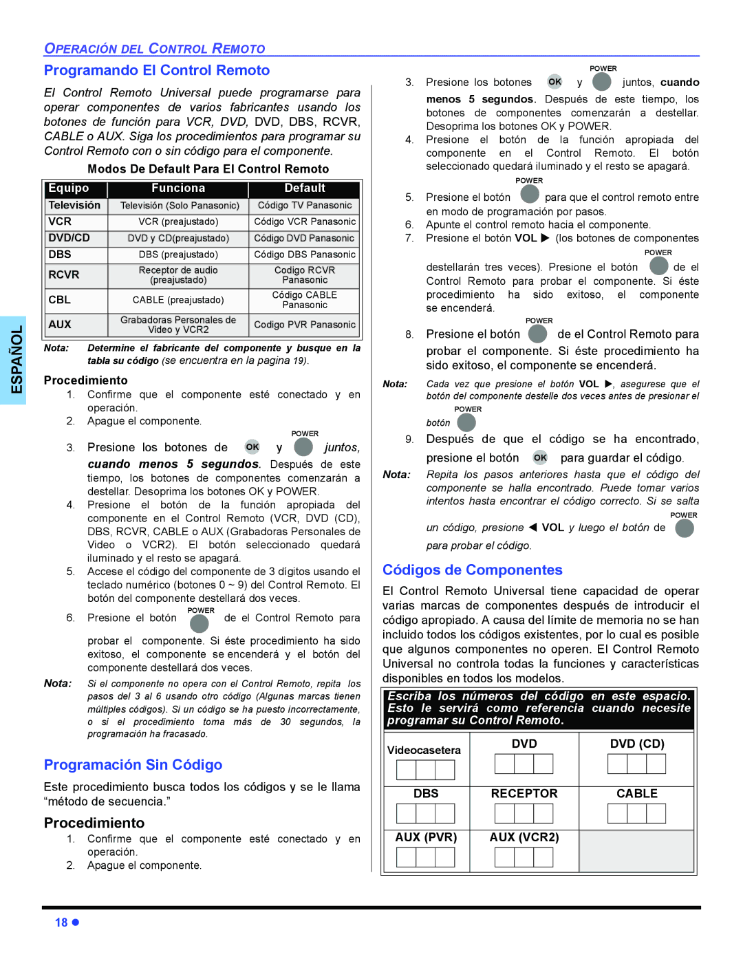 Panasonic PT 47WXD64 operating instructions Programando El Control Remoto, Programación Sin Código, Códigos de Componentes 