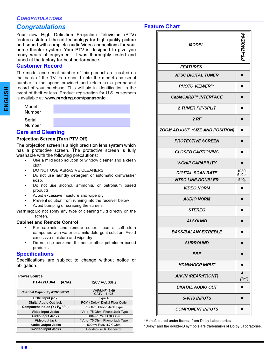 Panasonic PT 47WXD64 Congratulations, Customer Record, Care and Cleaning, Specifications, Feature Chart 