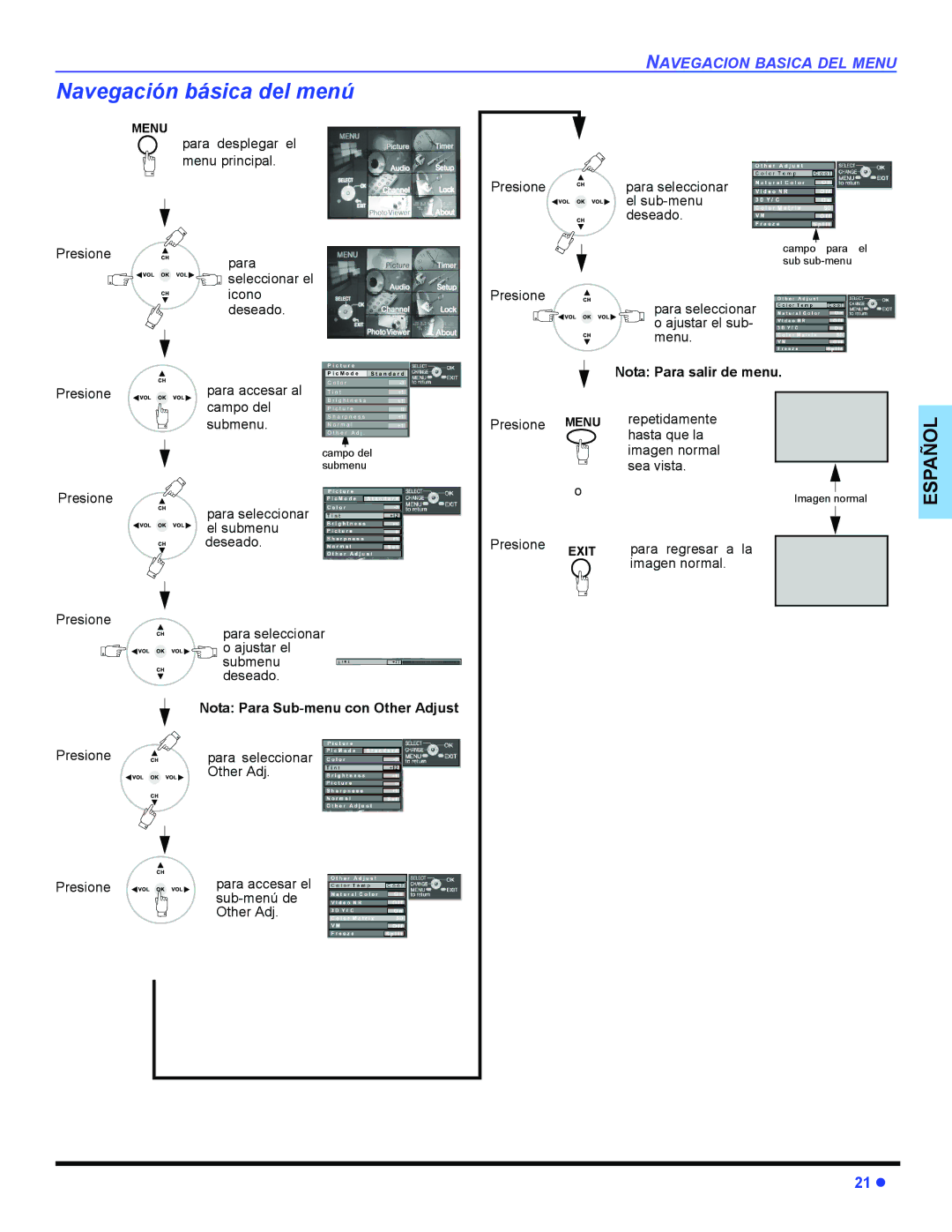 Panasonic PT 47WXD64 Navegación básica del menú, Nota Para salir de menu, Nota Para Sub-menu con Other Adjust 