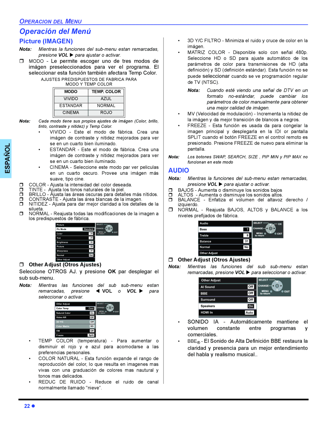 Panasonic PT 47WXD64 operating instructions Operación del Menú, Picture Imagen, ˆ Other Adjust Otros Ajustes, VOL o VOL 