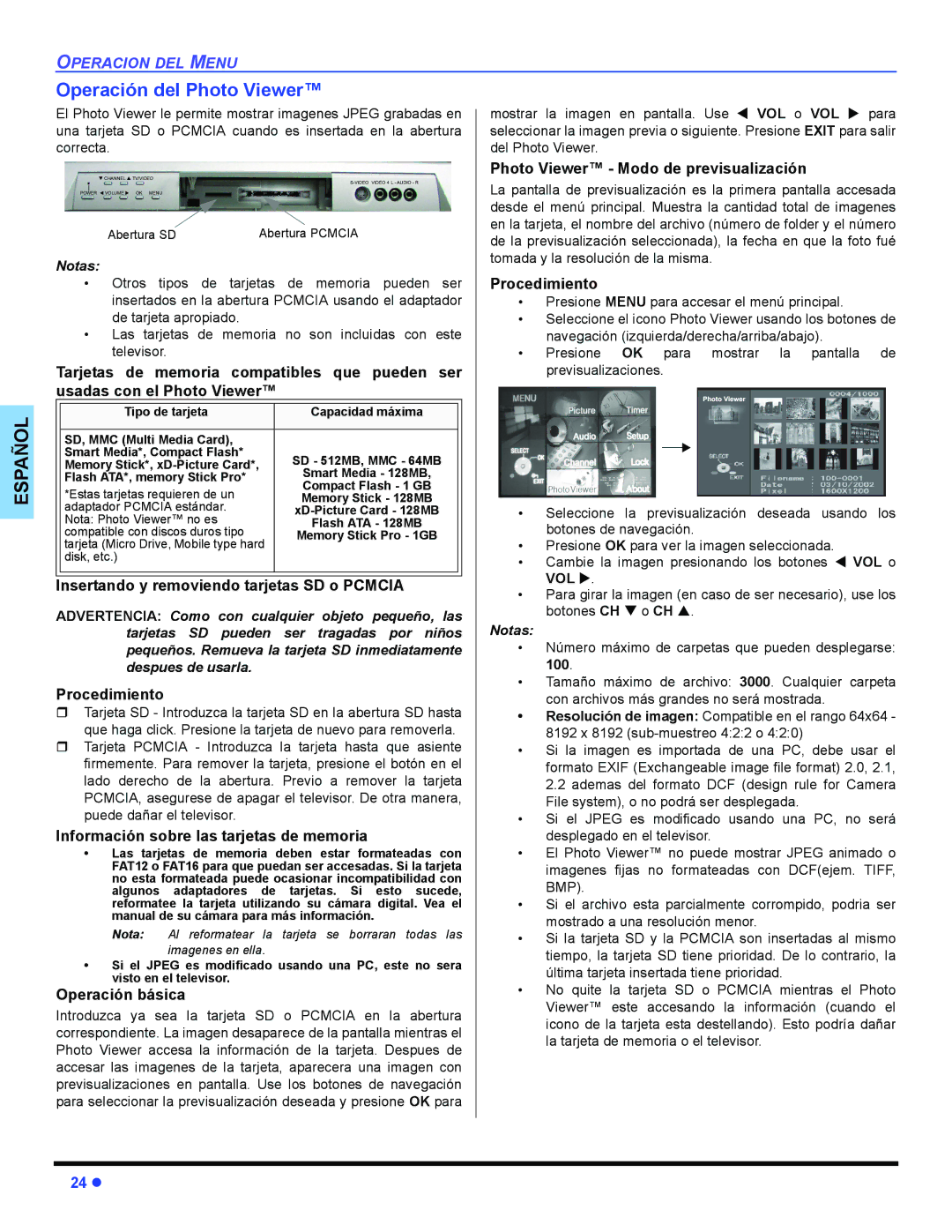 Panasonic PT 47WXD64 Operación del Photo Viewer, Insertando y removiendo tarjetas SD o Pcmcia, Operación básica 