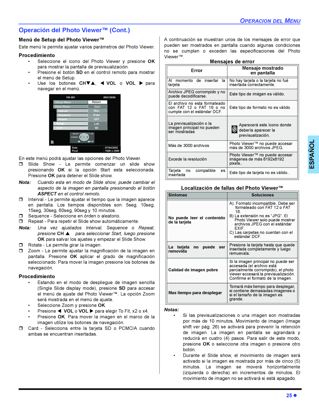 Panasonic PT 47WXD64 Menú de Setup del Photo Viewer, Mensajes de error, Localización de fallas del Photo Viewer 