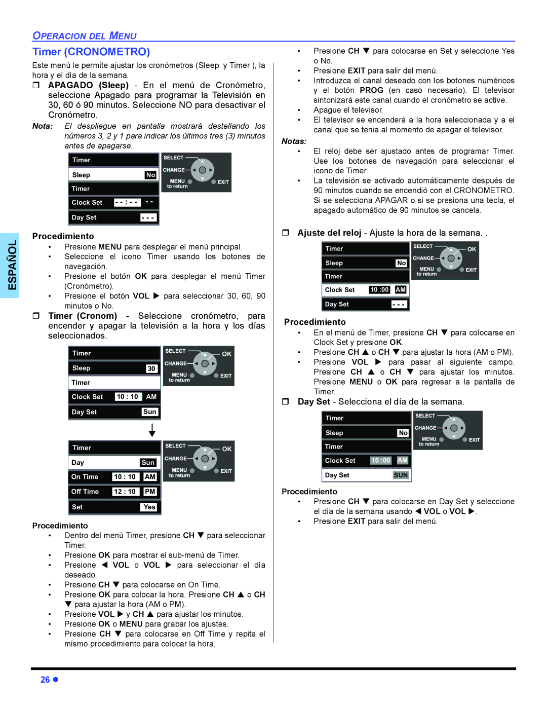 Panasonic PT 47WXD64 Timer Cronometro, Para seleccionar el día, En el menú de Timer, presione CH para colocarse en 