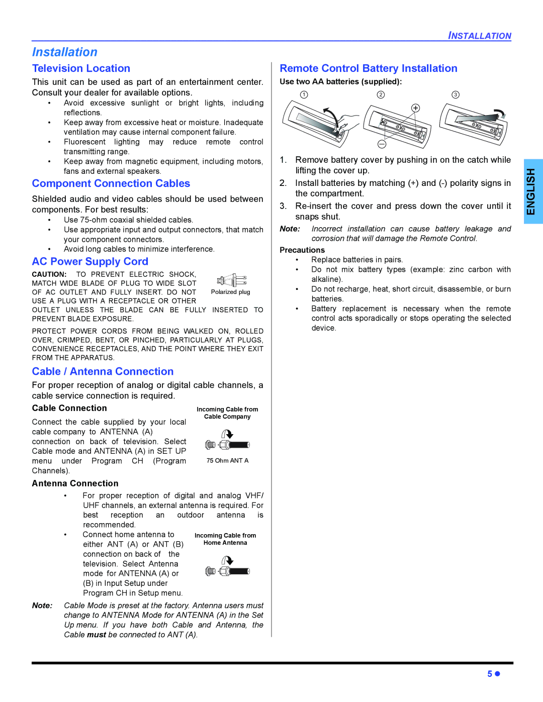 Panasonic PT 47WXD64 operating instructions Installation 